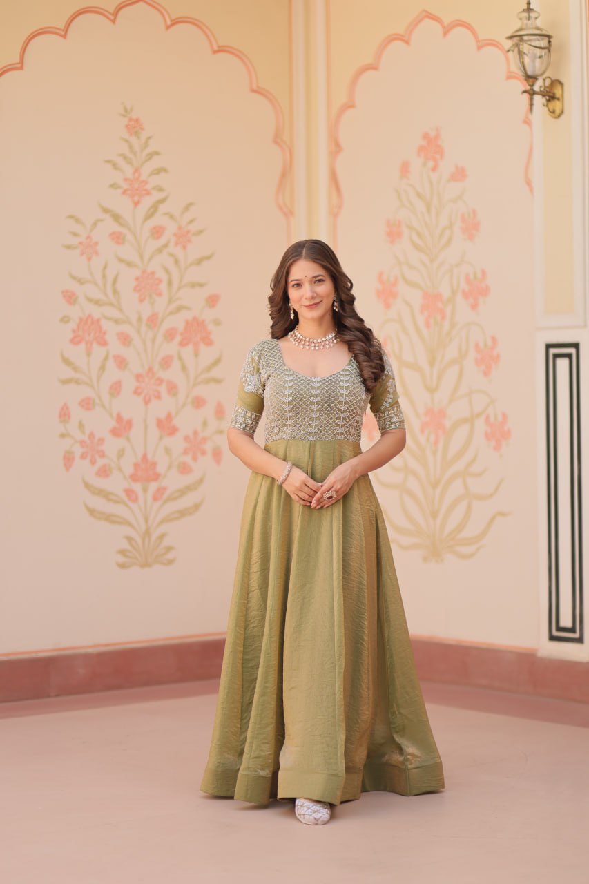Mehandi Color Fendy With Beads Embroidered Work Gown