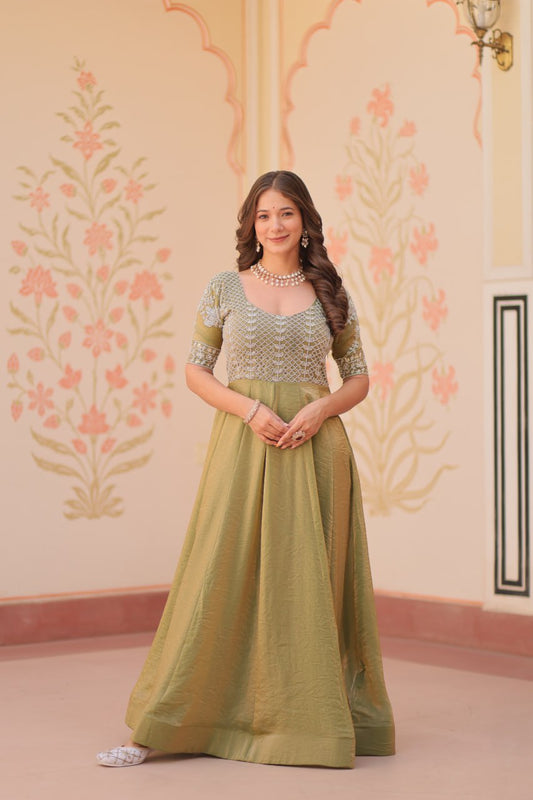 Mehandi Color Fendy With Beads Embroidered Work Gown