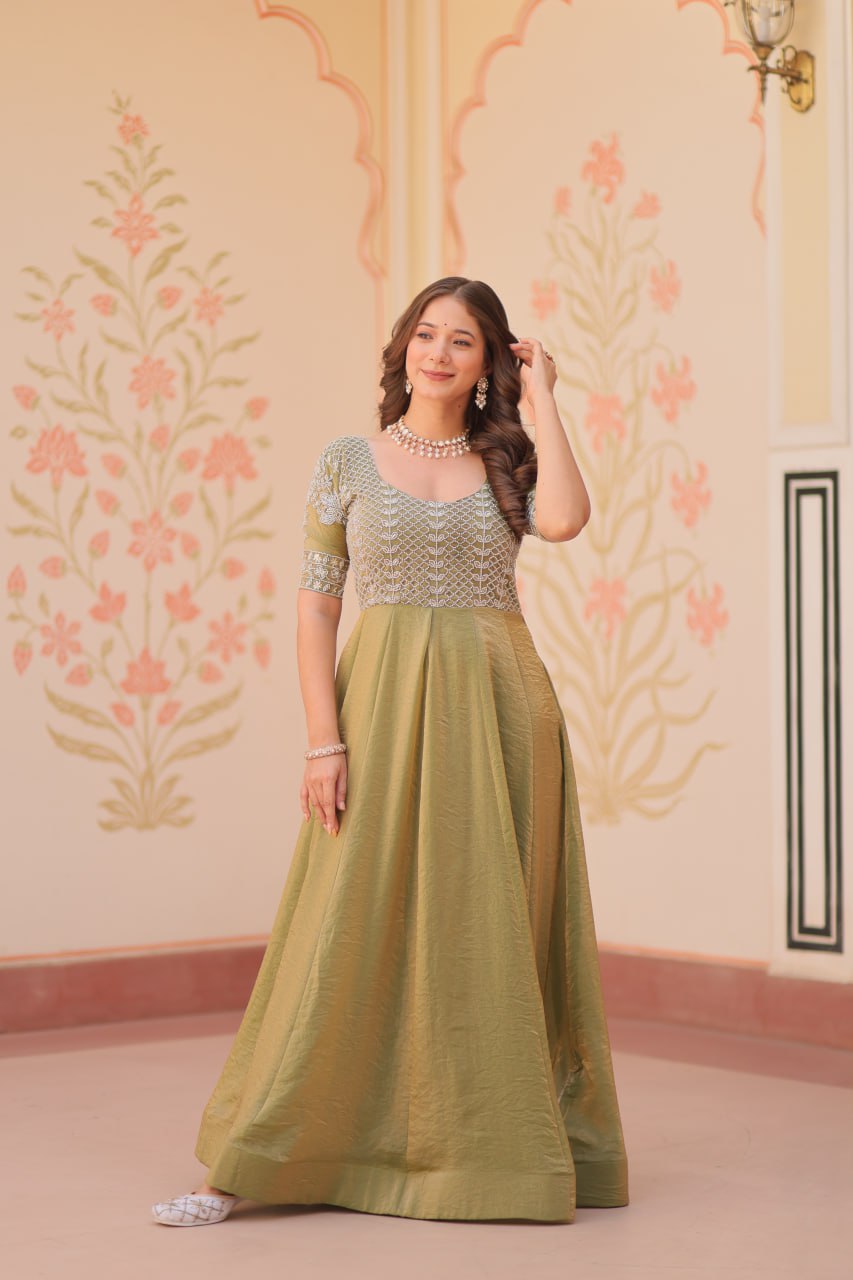 Mehandi Color Fendy With Beads Embroidered Work Gown