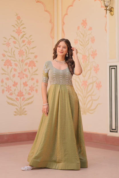 Mehandi Color Fendy With Beads Embroidered Work Gown