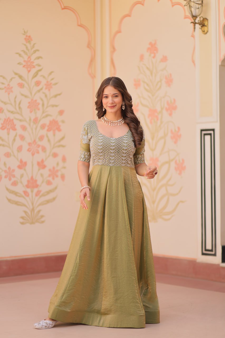 Mehandi Color Fendy With Beads Embroidered Work Gown