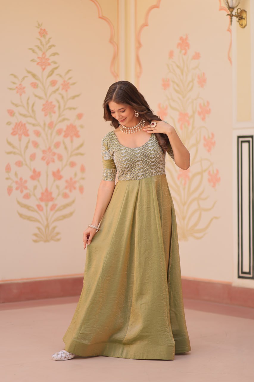 Mehandi Color Fendy With Beads Embroidered Work Gown