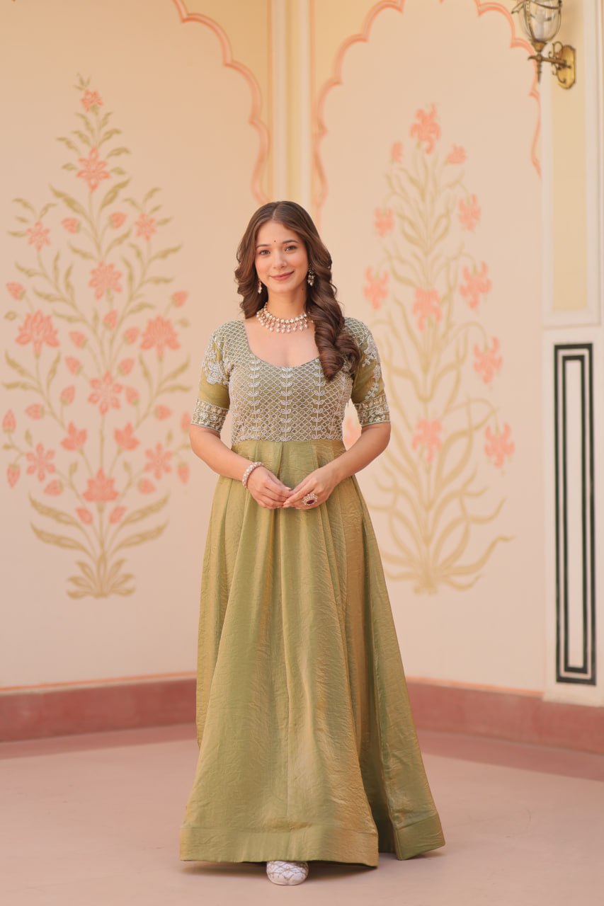 Mehandi Color Fendy With Beads Embroidered Work Gown