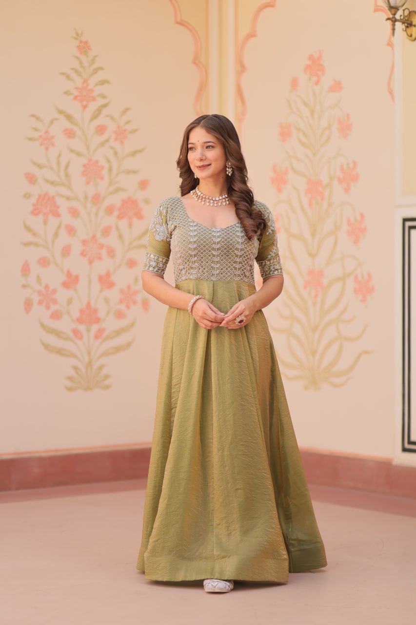 Mehandi Color Fendy With Beads Embroidered Work Gown