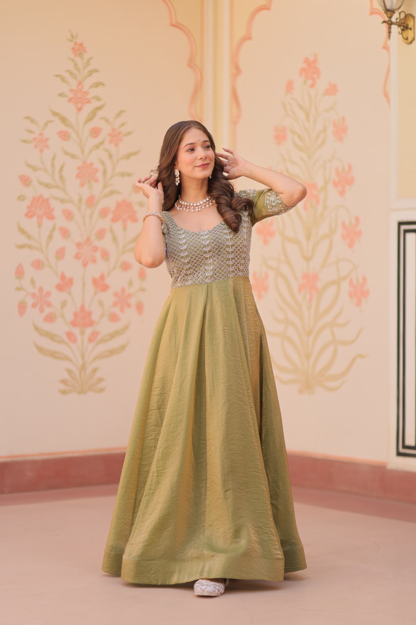 Mehandi Color Fendy With Beads Embroidered Work Gown