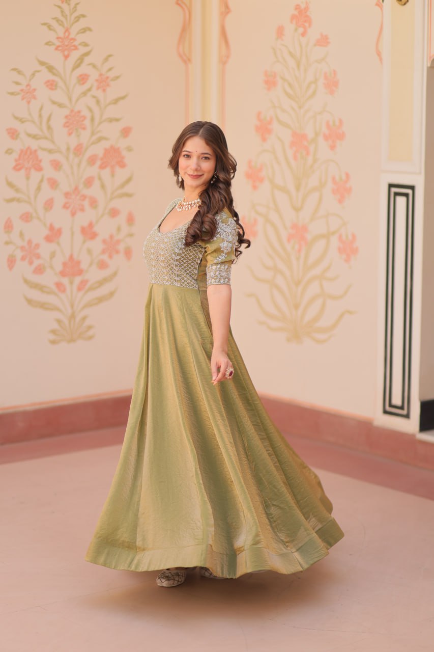 Mehandi Color Fendy With Beads Embroidered Work Gown