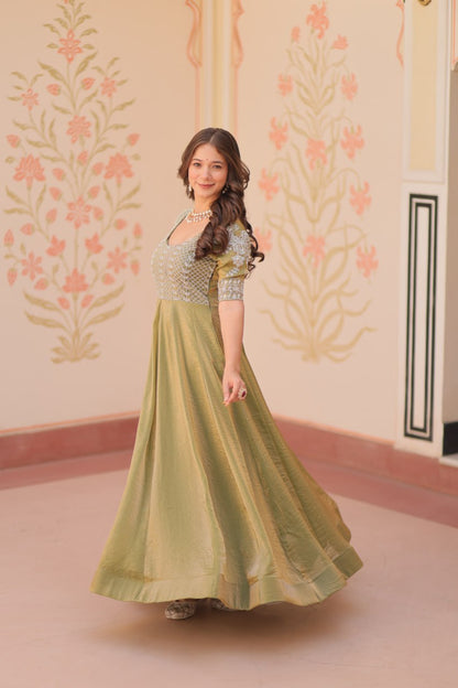Mehandi Color Fendy With Beads Embroidered Work Gown