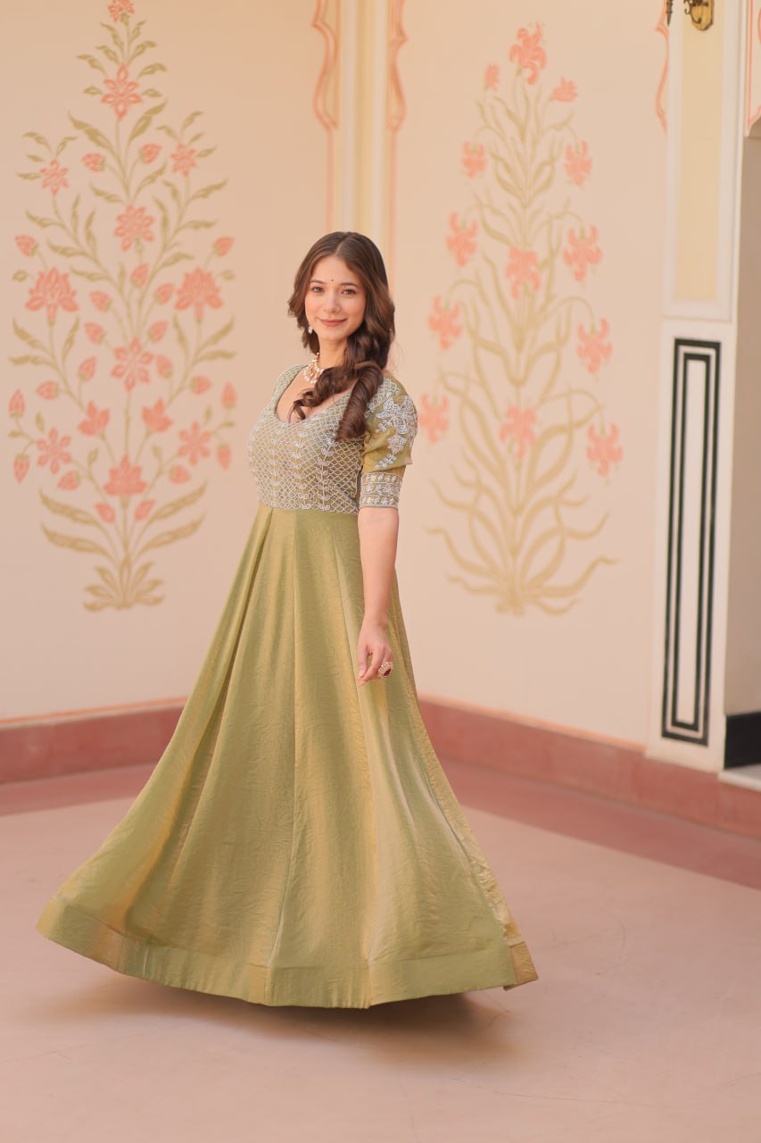 Mehandi Color Fendy With Beads Embroidered Work Gown