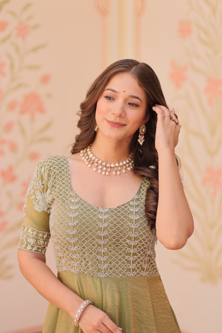 Mehandi Color Fendy With Beads Embroidered Work Gown