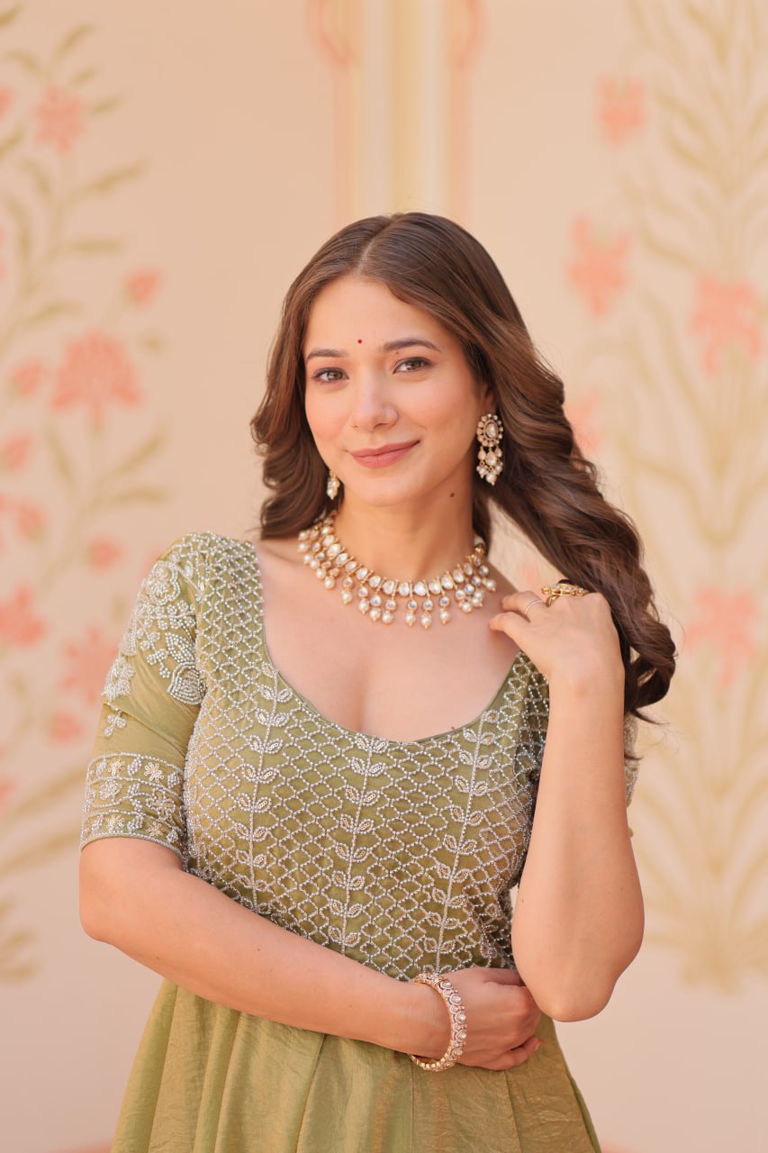 Mehandi Color Fendy With Beads Embroidered Work Gown