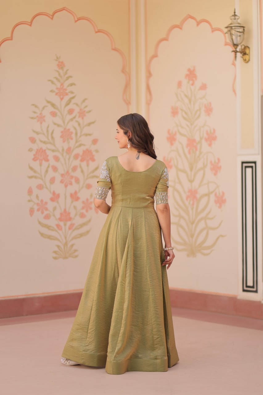 Mehandi Color Fendy With Beads Embroidered Work Gown