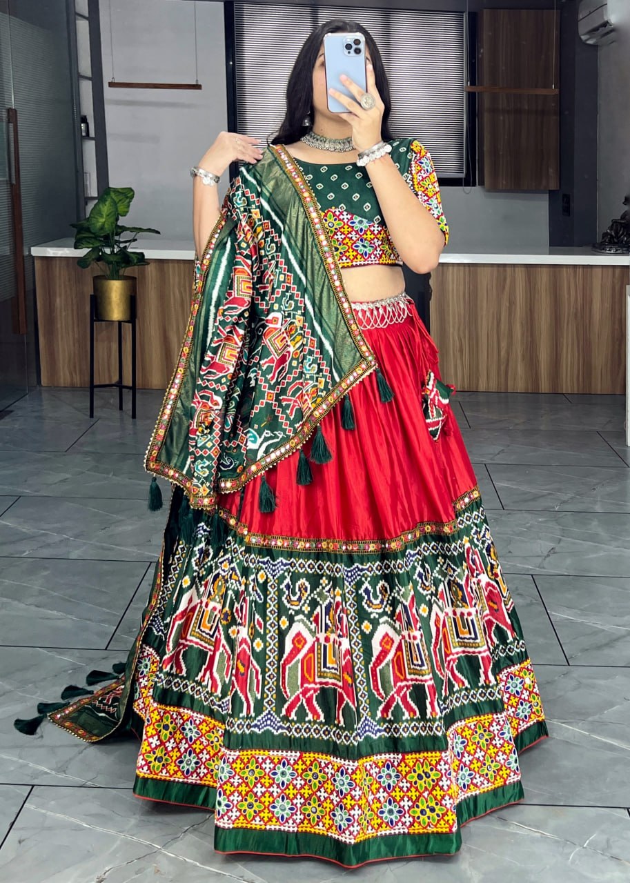 Traditional Gujarati garba lehenga with mirror and paper work
