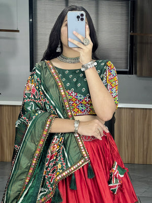 Premium garba lehenga with Gamthi mirror work and paper border
