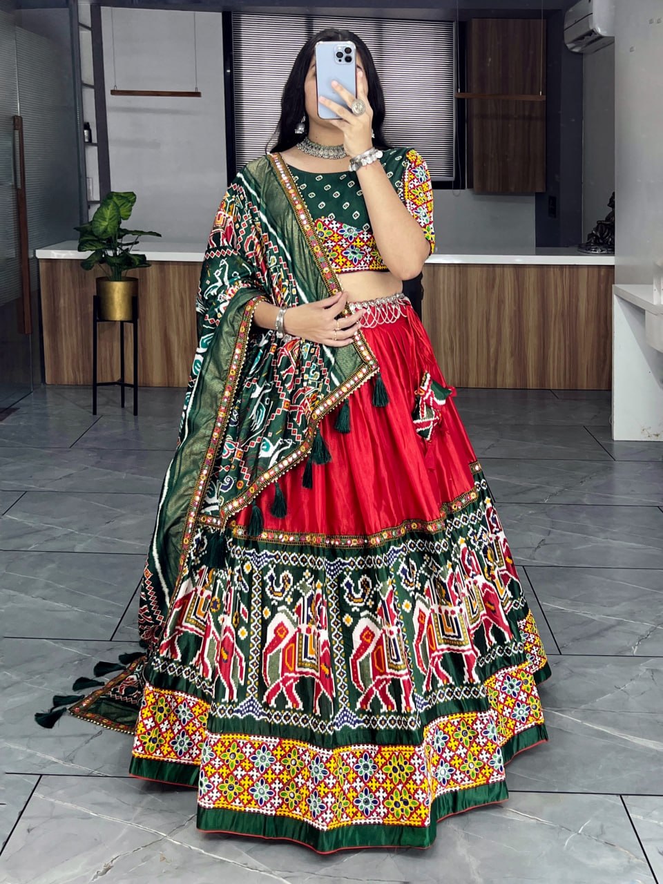 Designer dola silk chaniya choli with bandhani embroidered blouse
