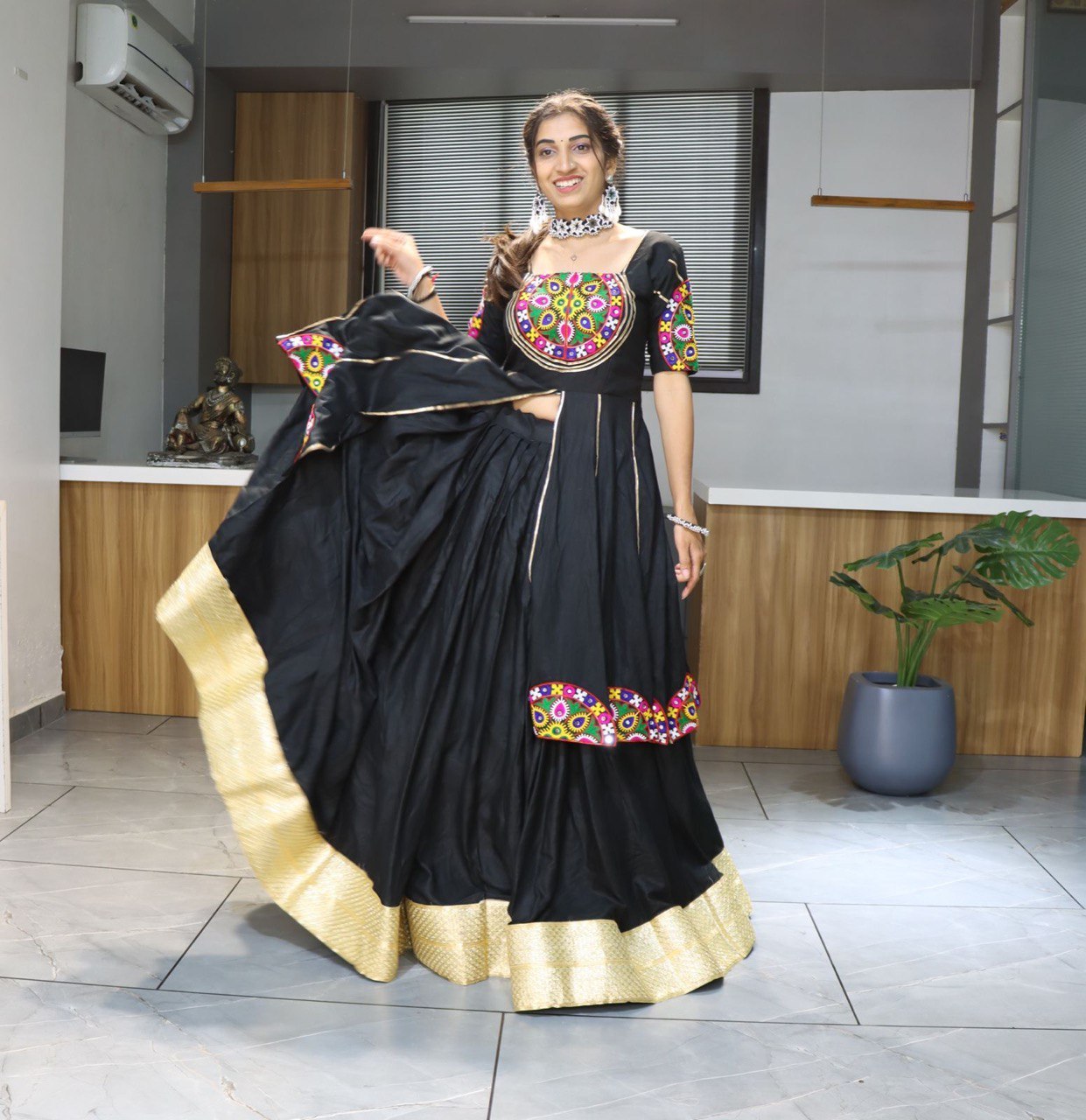 Black designer Navratri lehenga choli rayon cotton Kutchi patch embroidery
