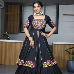 Black garba lehenga with double layer kurta and gold zari border
