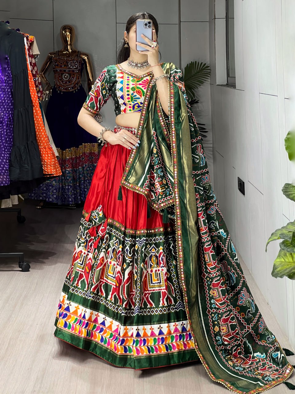 Red green designer Navratri lehenga choli dola silk Patola print
