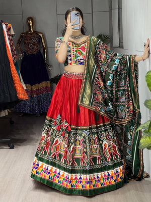 Designer dola silk chaniya choli with Kutchi embroidered blouse
