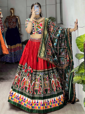 Traditional Gujarati garba lehenga with camel motif Patola border
