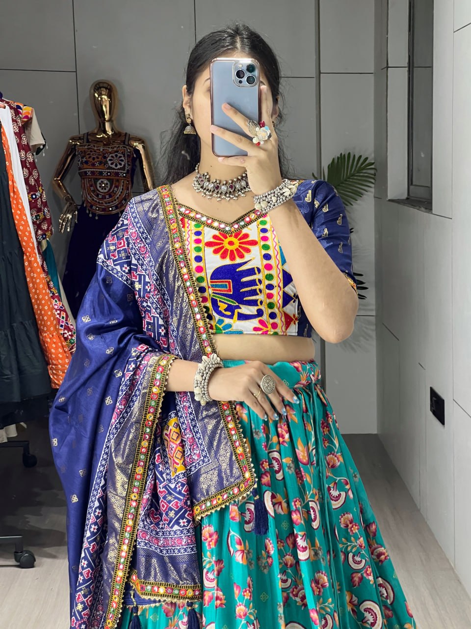 Premium garba lehenga with traditional Kutchi work border and Patola dupatta
