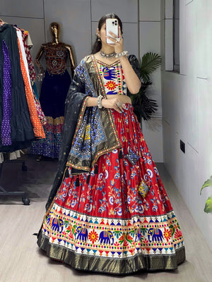 Red and black designer Navratri lehenga choli dola silk floral
