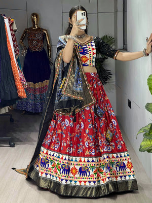 Traditional Gujarati garba lehenga with vibrant Kutchi embroidery red black
