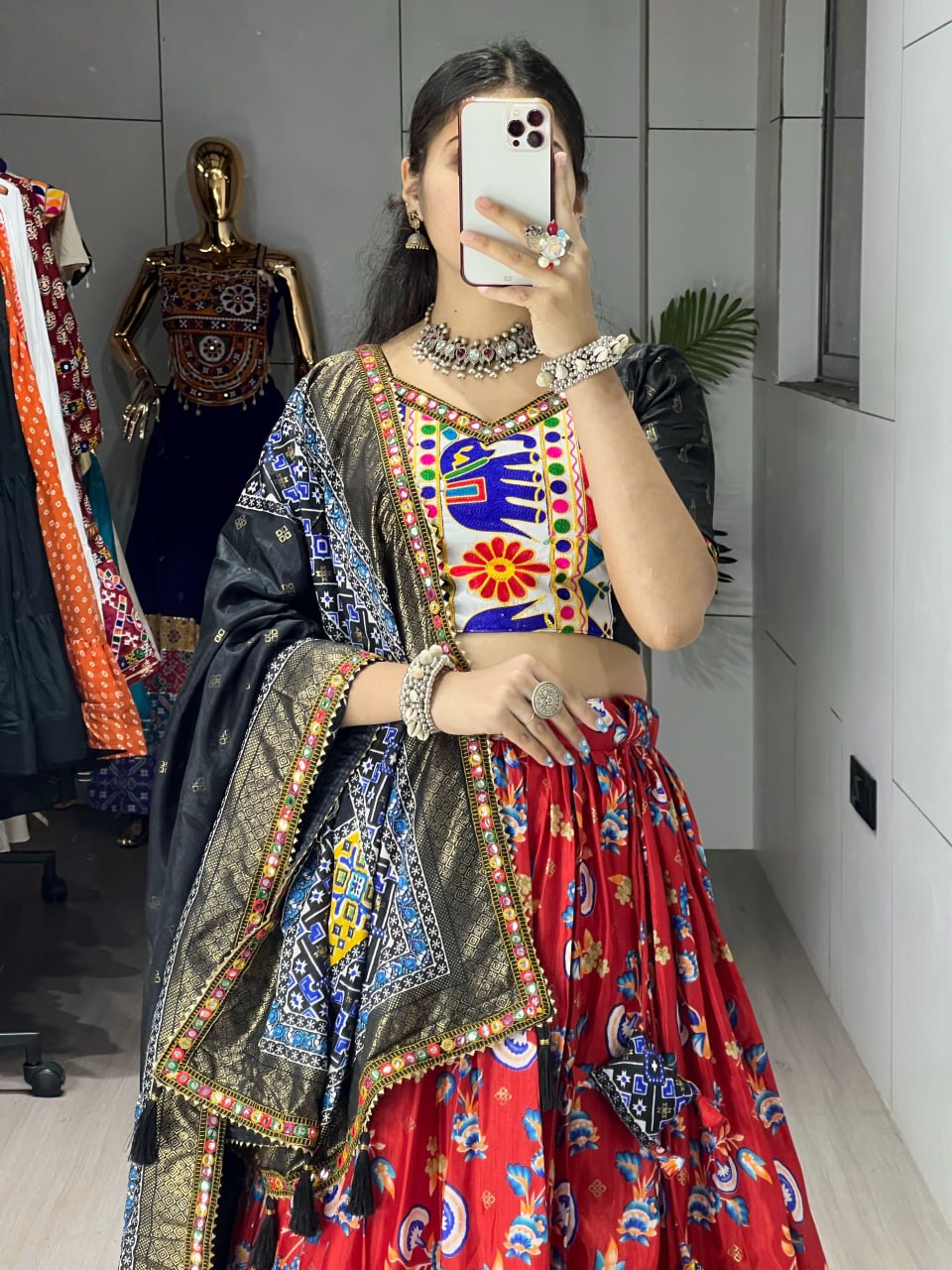 Designer dola silk chaniya choli with blue elephant motif border red
