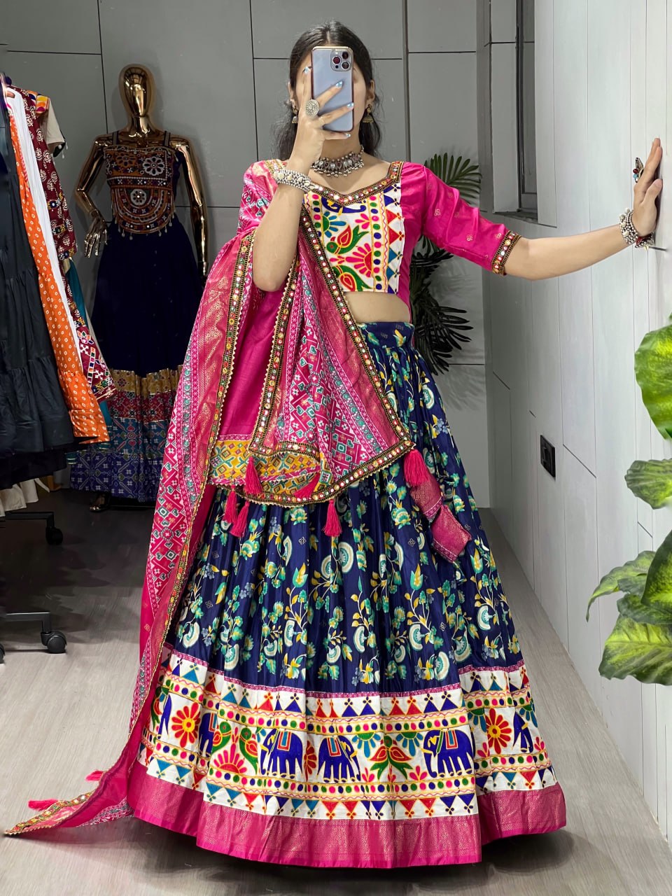 Navy blue and pink designer Navratri lehenga choli dola silk floral
