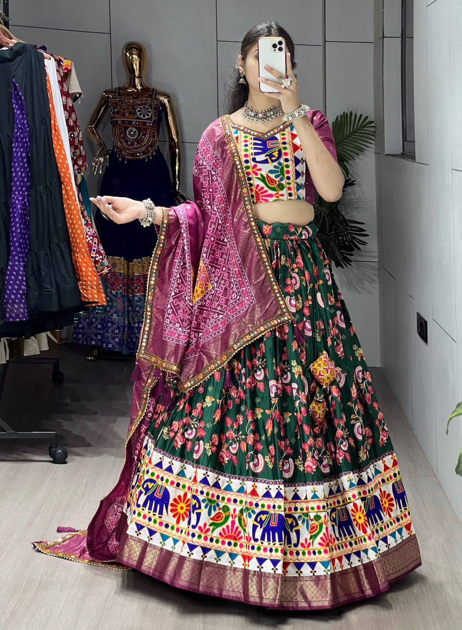 Designer dola silk chaniya choli with elephant peacock motif border
