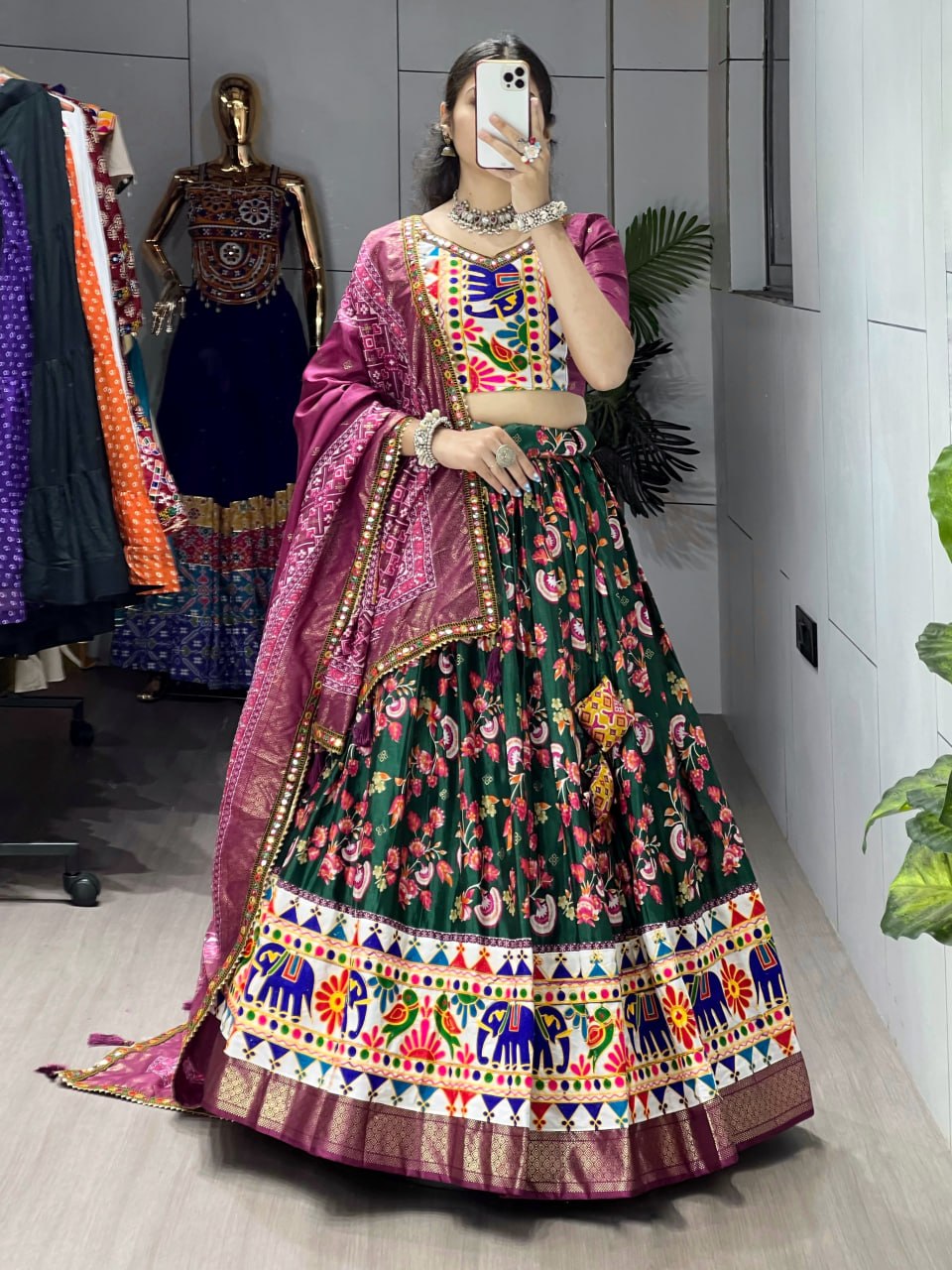 Green and wine designer Navratri lehenga choli dola silk floral print
