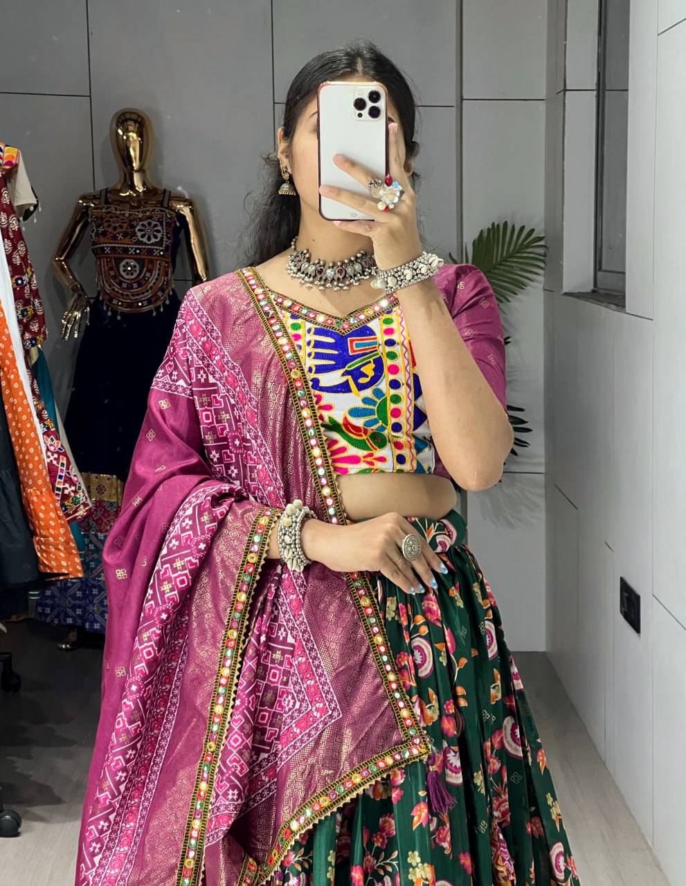 Premium garba lehenga with traditional Kutchi work border and Patola dupatta
