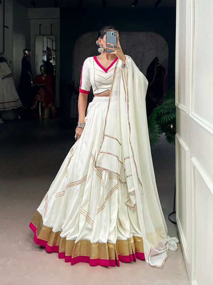 White Pure Rayon Embossed Design Mirror Work Navratri Lehenga Choli