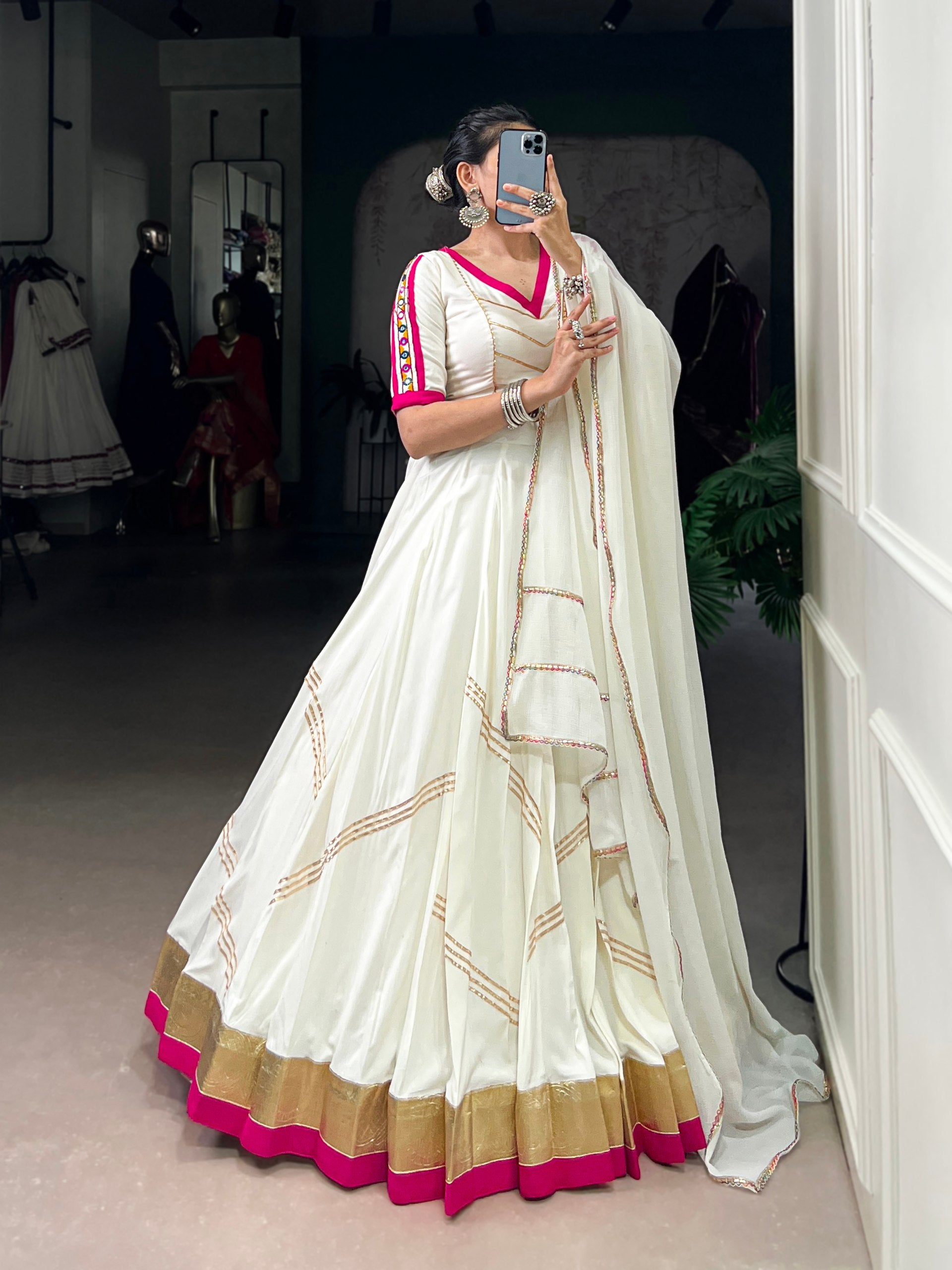 White Pure Rayon Embossed Design Mirror Work Navratri Lehenga Choli