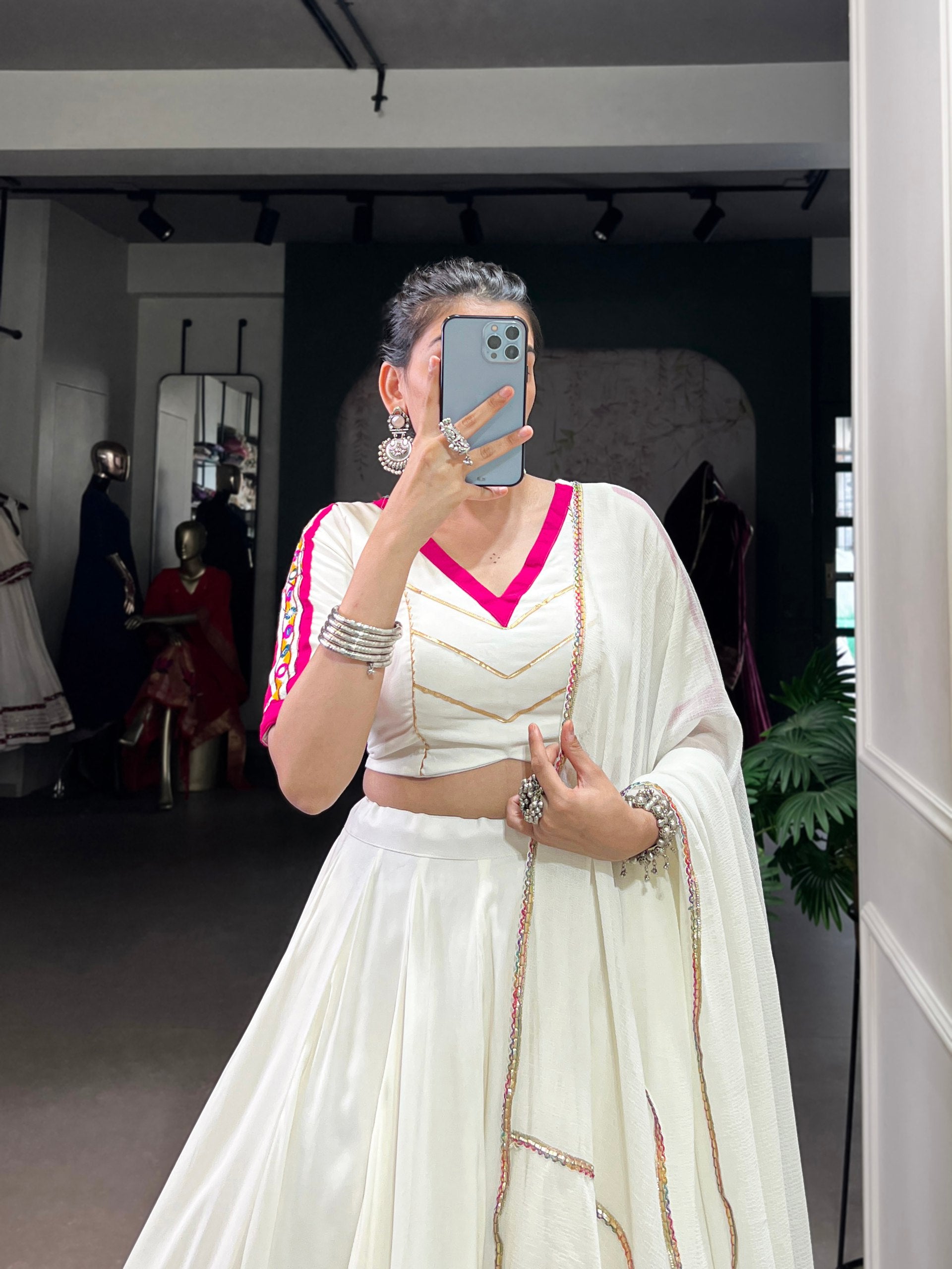 White Pure Rayon Embossed Design Mirror Work Navratri Lehenga Choli