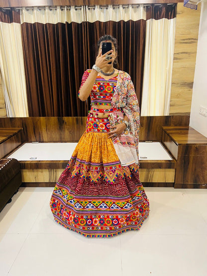 Multicolor Cotton Silk Gamthi Work Butta Lace Work Navratri Lehenga Choli