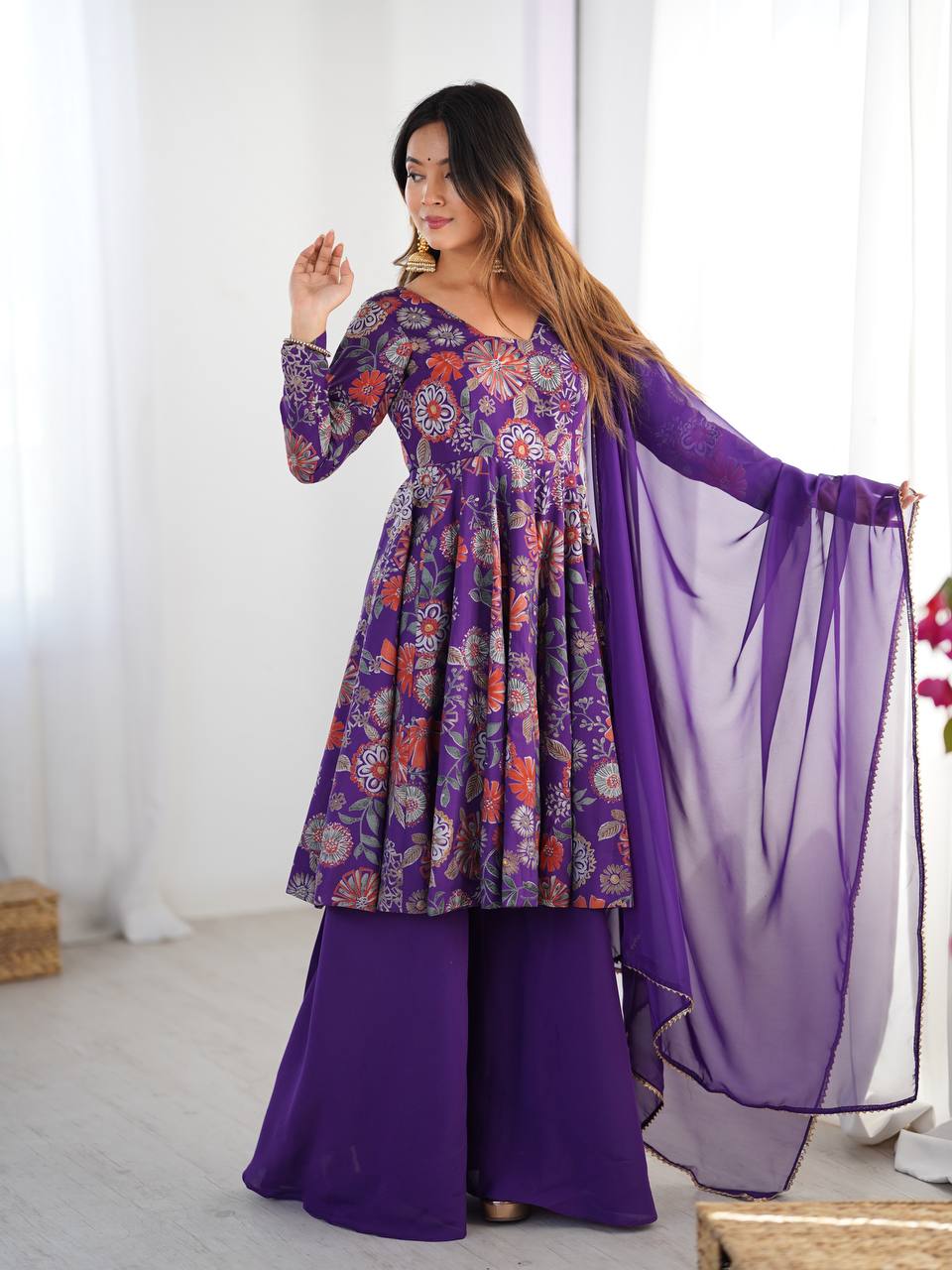 Purple Chanderi Discharge Print Fabric Fancy Lace Work Palazzo Suit Set