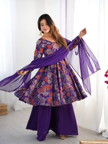 Purple Chanderi Discharge Print Fabric Fancy Lace Work Palazzo Suit Set