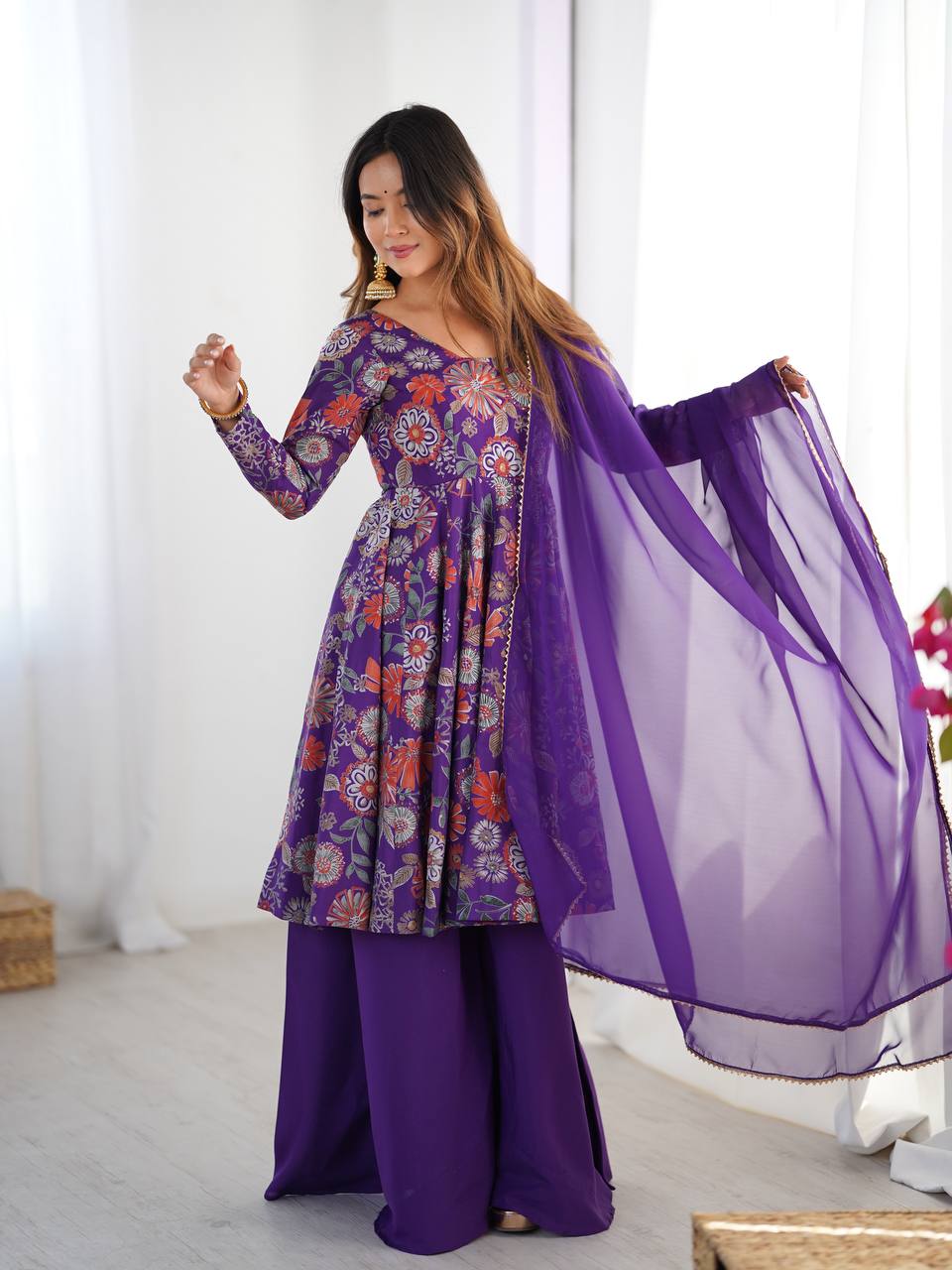 Purple Chanderi Discharge Print Fabric Fancy Lace Work Palazzo Suit Set