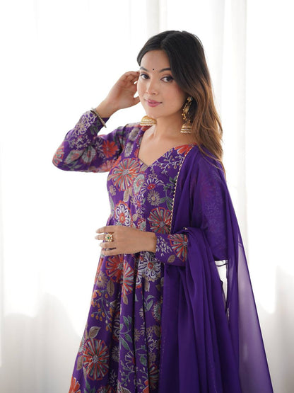 Purple Chanderi Discharge Print Fabric Fancy Lace Work Palazzo Suit Set