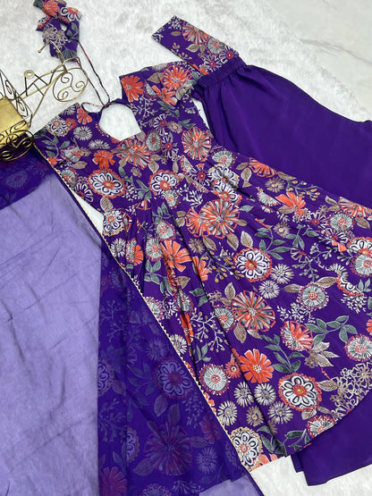 Purple Chanderi Discharge Print Fabric Fancy Lace Work Palazzo Suit Set