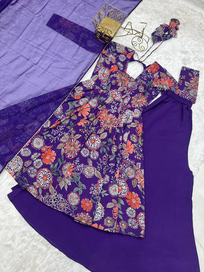 Purple Chanderi Discharge Print Fabric Fancy Lace Work Palazzo Suit Set