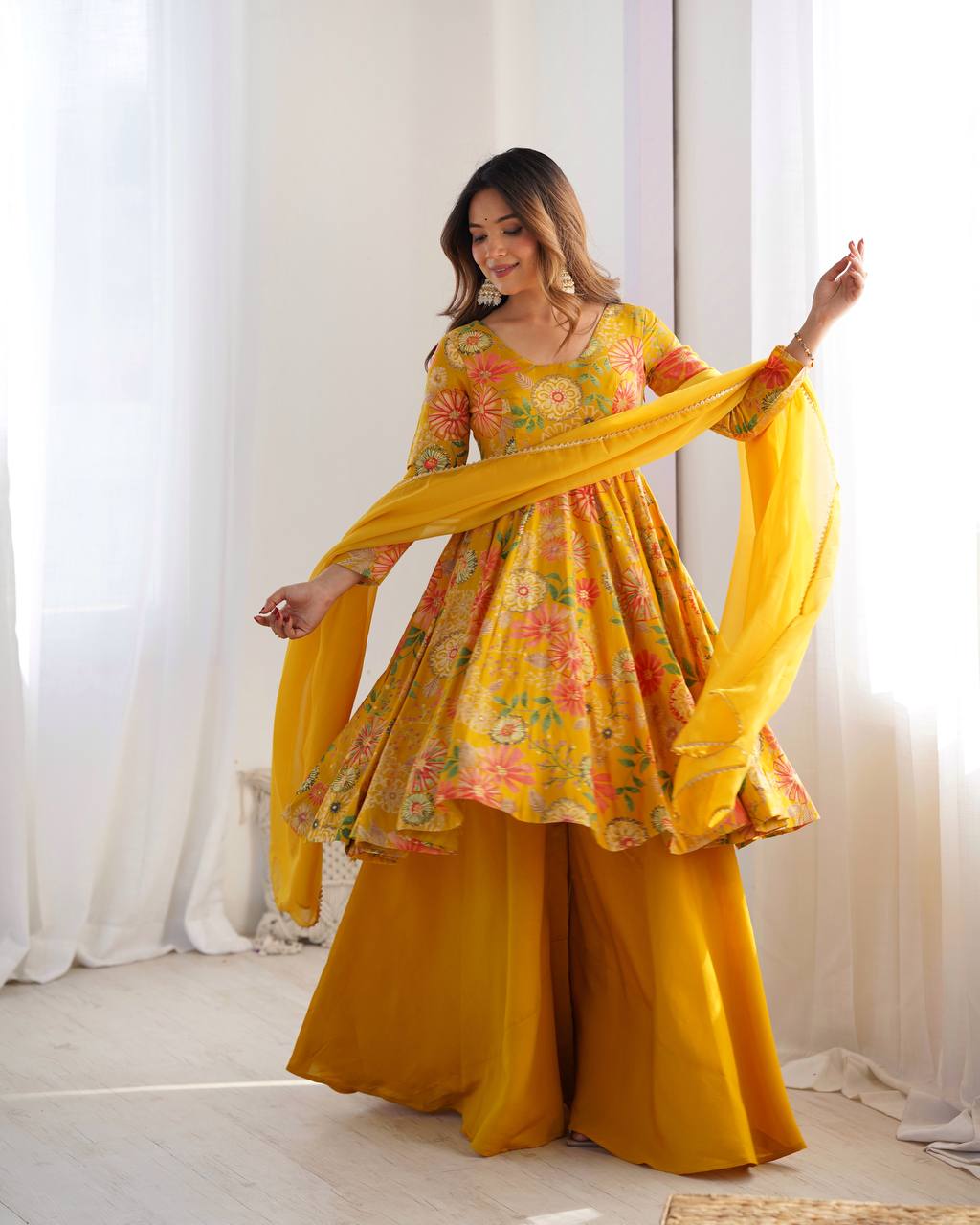 Yellow Chanderi Discharge Print Fabric Fancy Lace Work Palazzo Suit Set