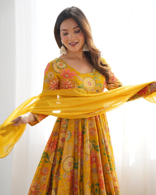 Yellow Chanderi Discharge Print Fabric Fancy Lace Work Palazzo Suit Set