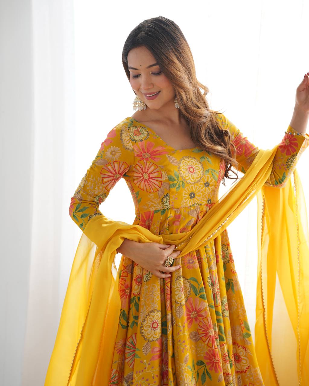 Yellow Chanderi Discharge Print Fabric Fancy Lace Work Palazzo Suit Set