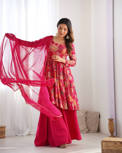 Pink Chanderi Discharge Print Fabric Fancy Lace Work Palazzo Suit Set