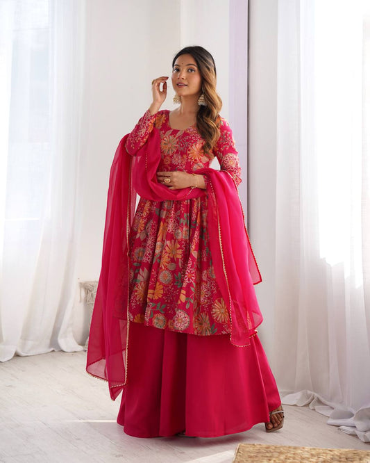 Pink Chanderi Discharge Print Fabric Fancy Lace Work Palazzo Suit Set