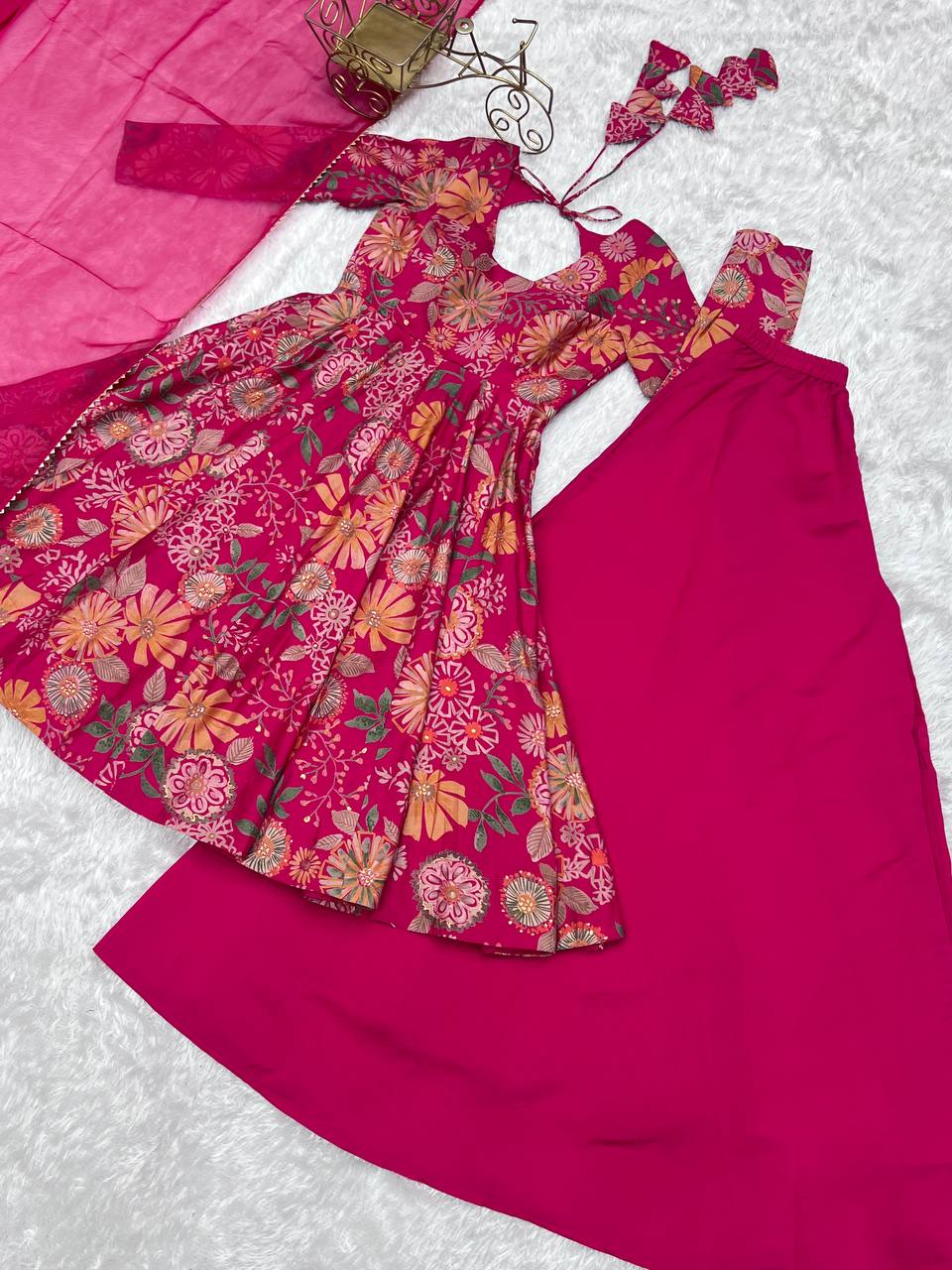Pink Chanderi Discharge Print Fabric Fancy Lace Work Palazzo Suit Set