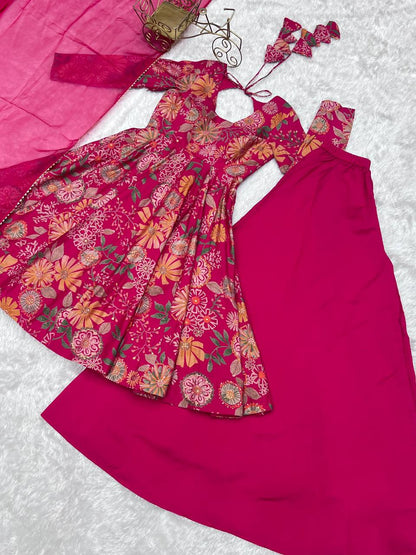 Pink Chanderi Discharge Print Fabric Fancy Lace Work Palazzo Suit Set