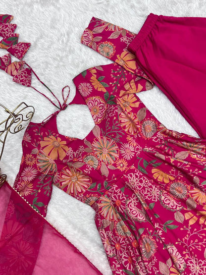 Pink Chanderi Discharge Print Fabric Fancy Lace Work Palazzo Suit Set