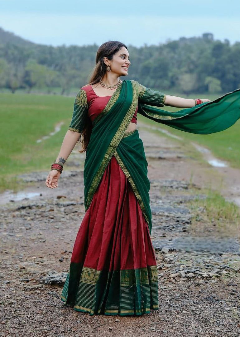 Maroon Kanci Cotton Half Saree with Bottle Green Dupatta and Gold Zari Weaving Work by The Beauty Queen Surat